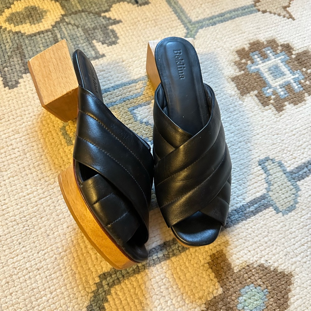 Baldinini Black Leather Crisscross Platform Mules